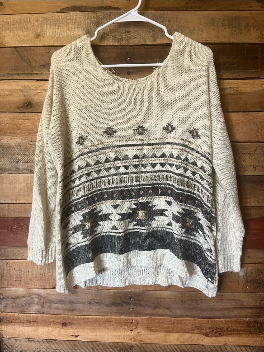 Seven7 Cream and Brown Tribal Scoop Neck Sweater